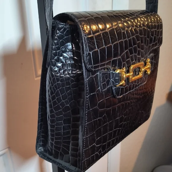 Vintage TALBOTS Black/Gold Crocodile Embossed Crossbody Bag NICE - Picture 5 of 15